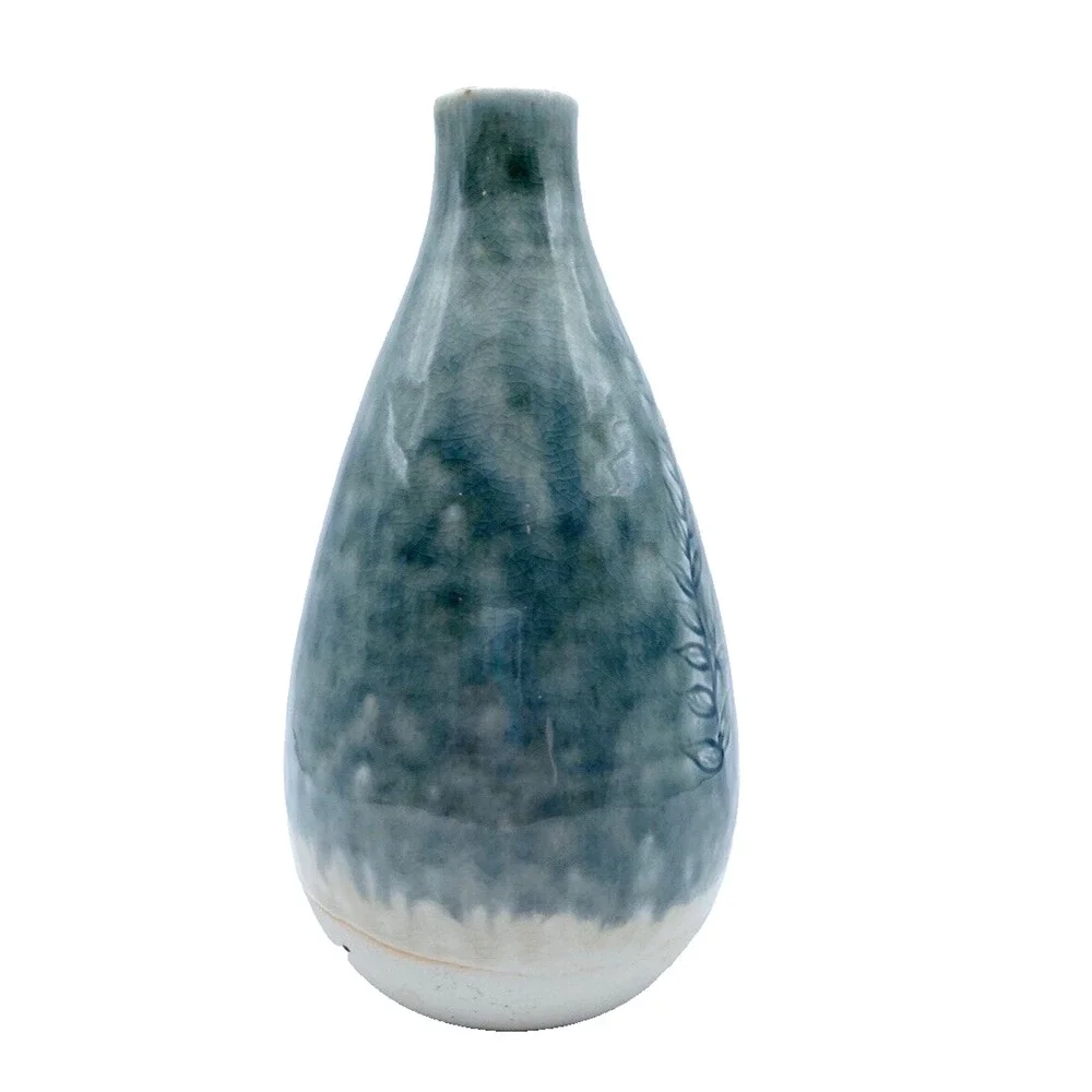 Studio Pottery Bud Weed Vase Gray Impressed Leaves Drip Glaze Artist Signed 7